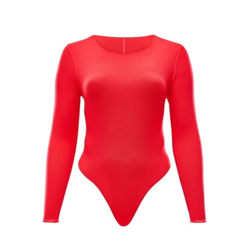 Mesh Me Smoothing Sleeved Thong Bodysuit Red Long Sleeve Sheer Mesh Top XL